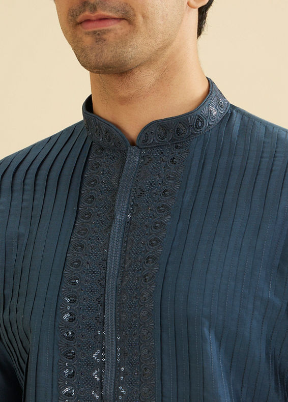 Manyavar Men Royal Dark Blue Kurta Set with Dupatta