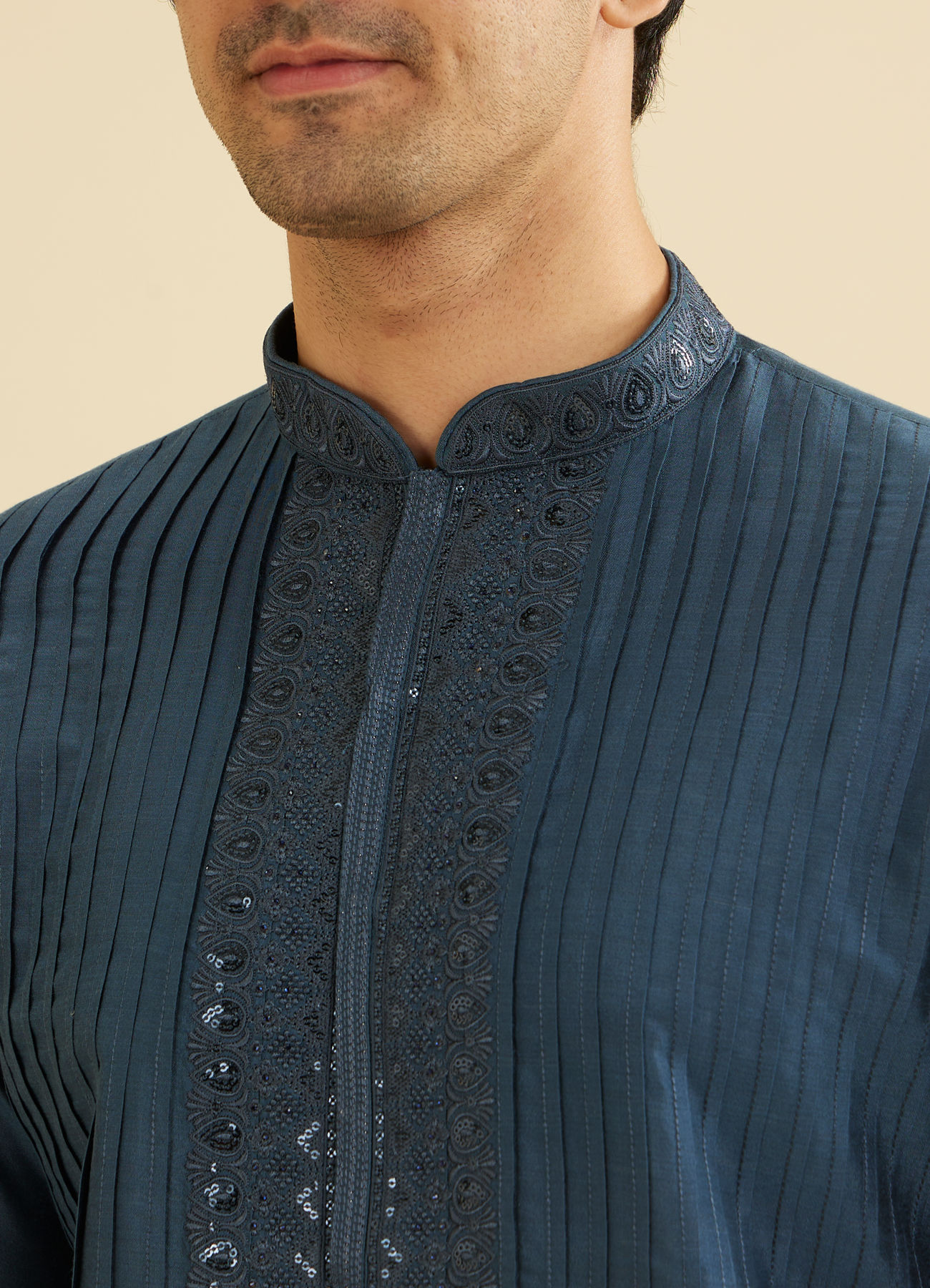 Manyavar Men Royal Dark Blue Kurta Set with Dupatta