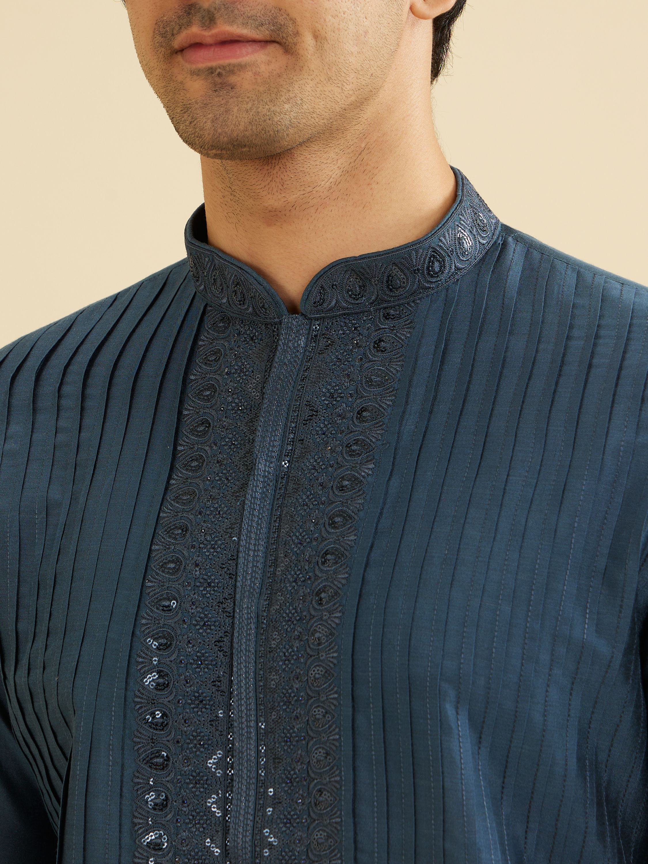Manyavar Men Royal Dark Blue Kurta Set with Dupatta