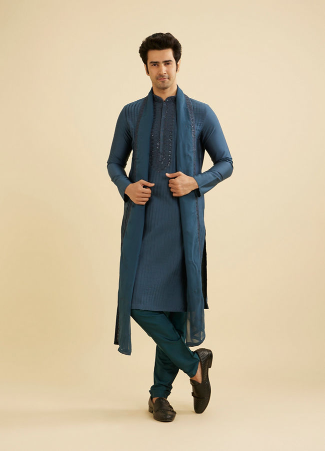 Manyavar Men Royal Dark Blue Kurta Set with Dupatta