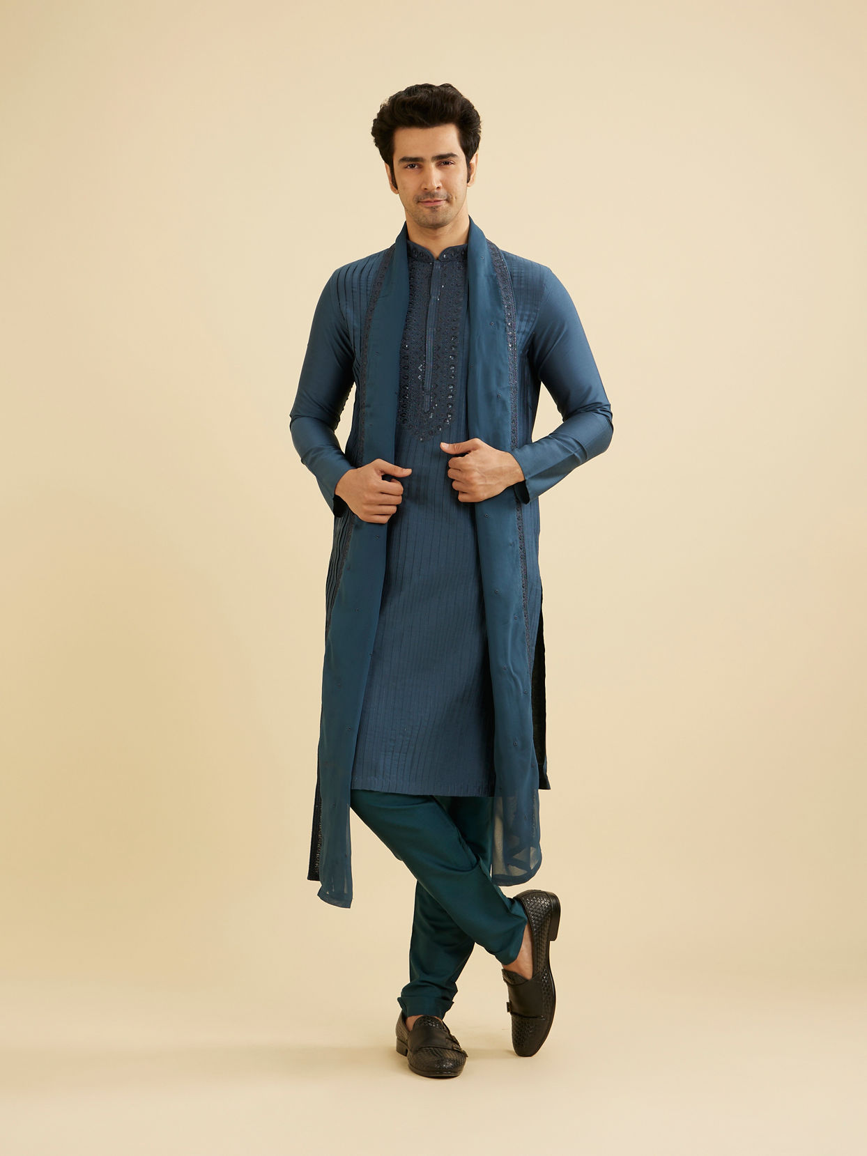 Manyavar Men Royal Dark Blue Kurta Set with Dupatta