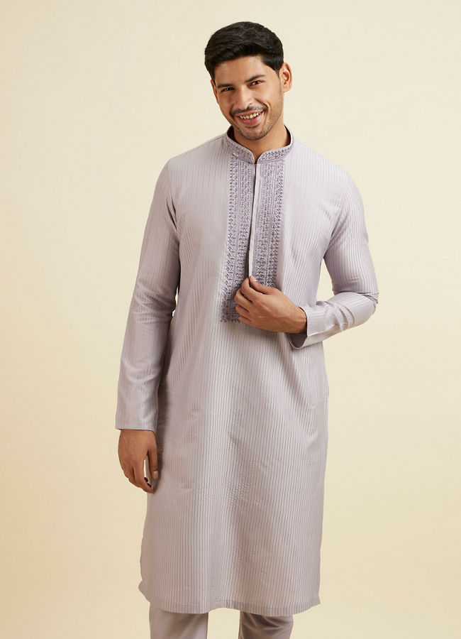 alt message - Manyavar Men Lilac Stripped Kurta Set with Sequins Work image number 0