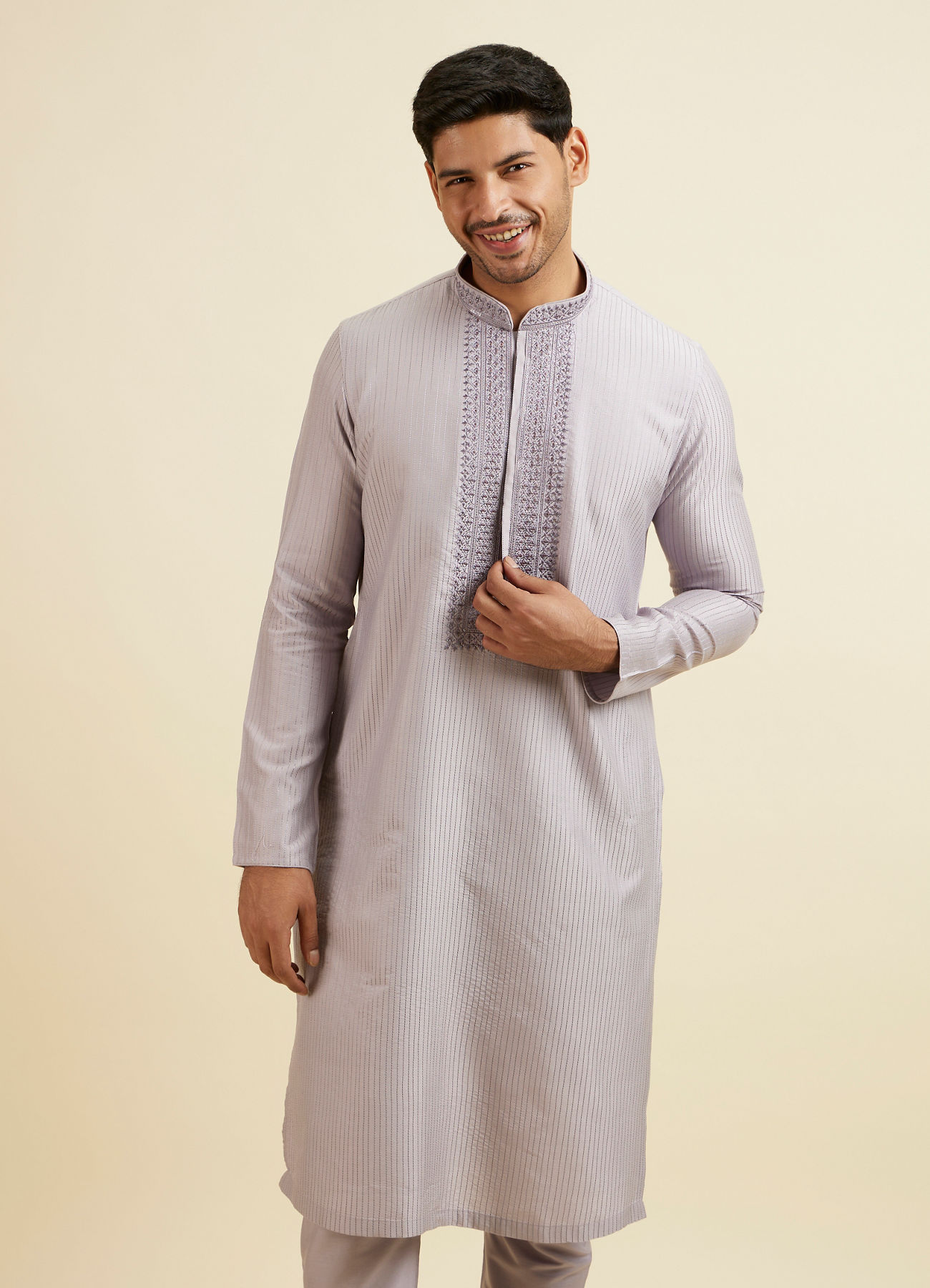 Manyavar Men Lilac Stripped Kurta Set with Sequins Work