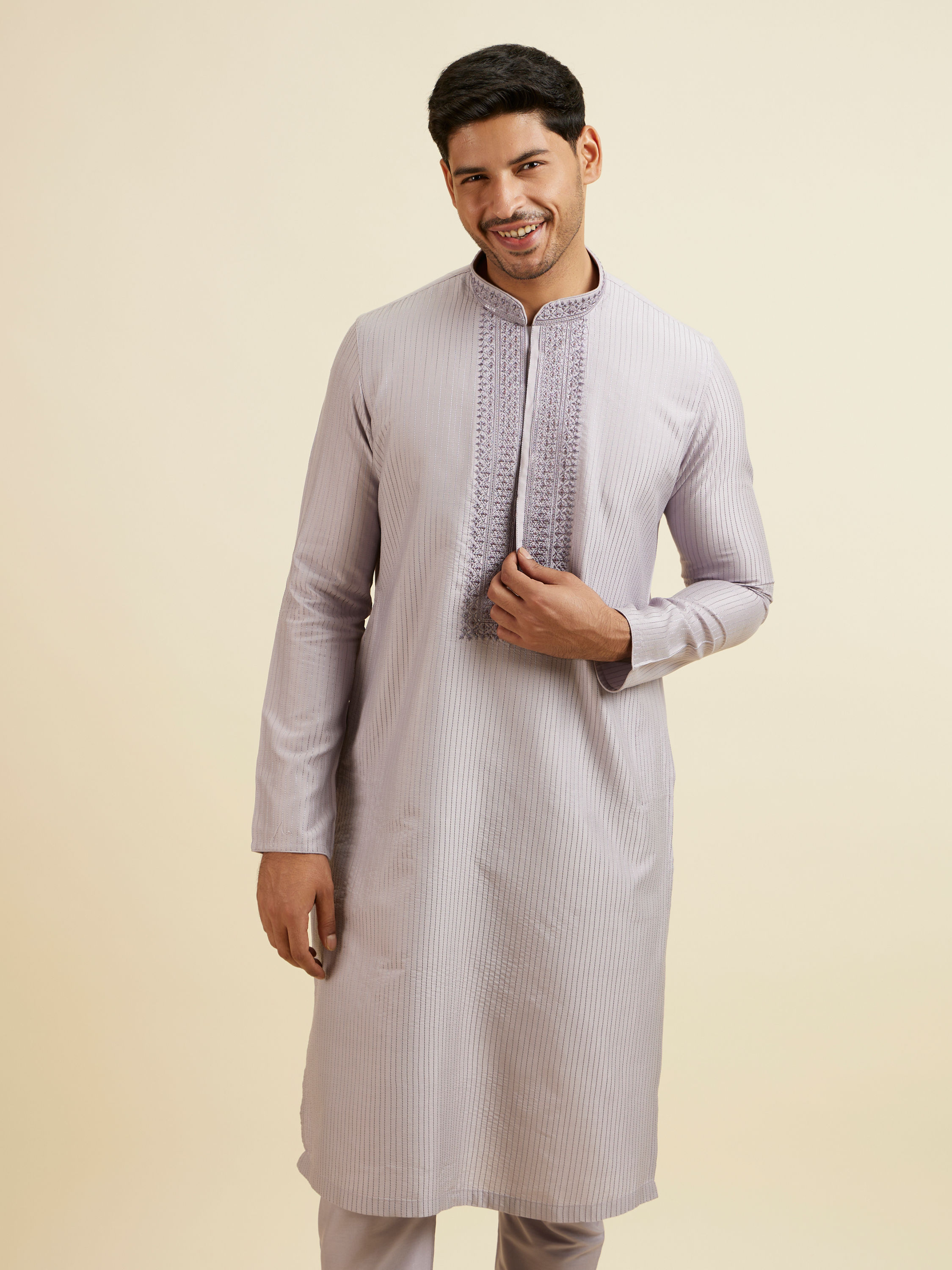 Manyavar Men Lilac Stripped Kurta Set with Sequins Work