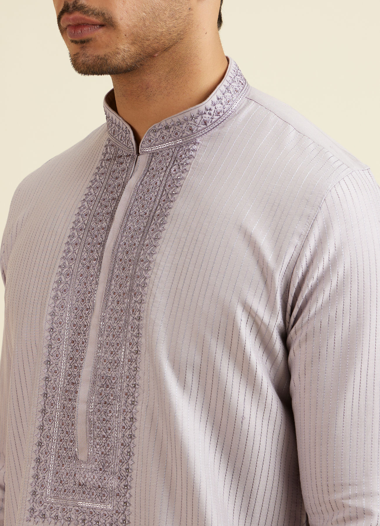 Manyavar Men Lilac Stripped Kurta Set with Sequins Work