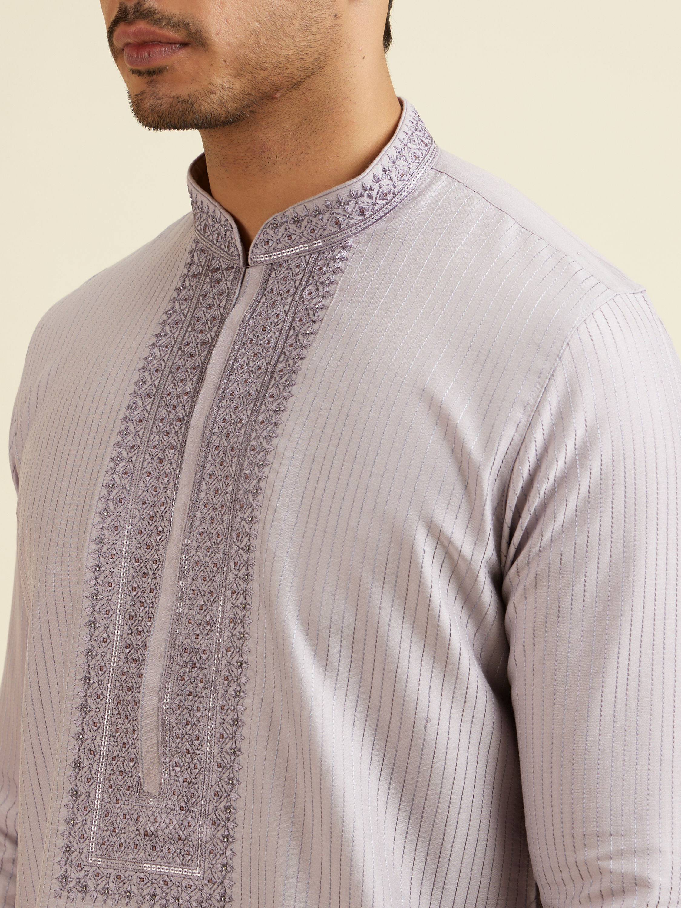 Manyavar Men Lilac Stripped Kurta Set with Sequins Work