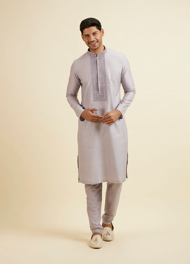 Manyavar Men Lilac Stripped Kurta Set with Sequins Work