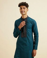 Manyavar Men Teal Blue Striped Kurta Set