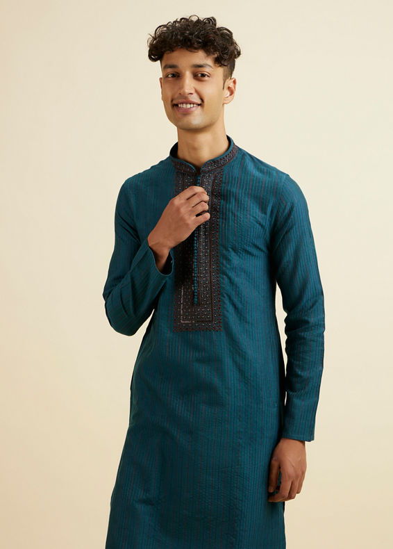 Manyavar Men Teal Blue Striped Kurta Set