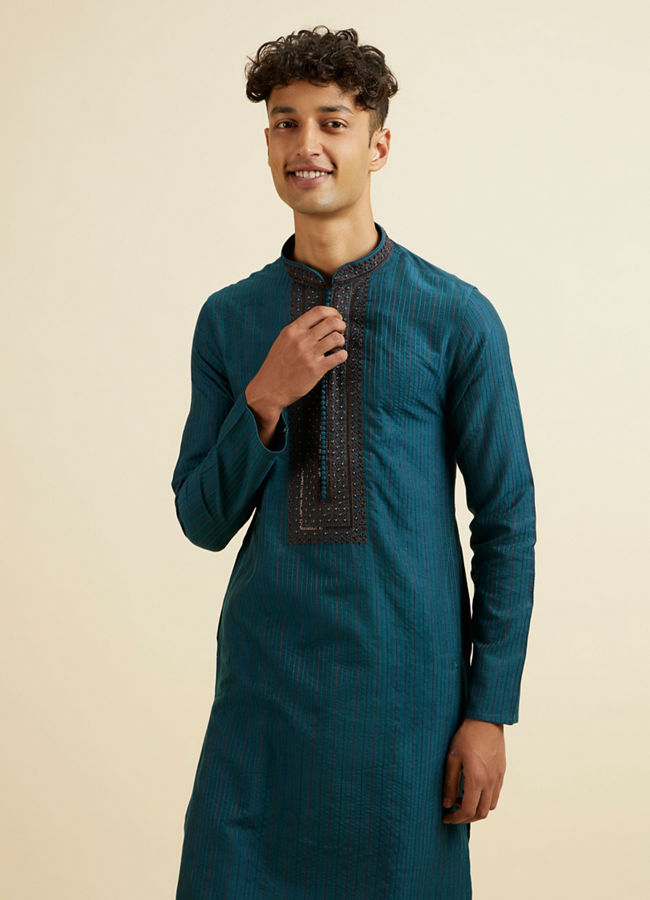 Manyavar Men Teal Blue Striped Kurta Set