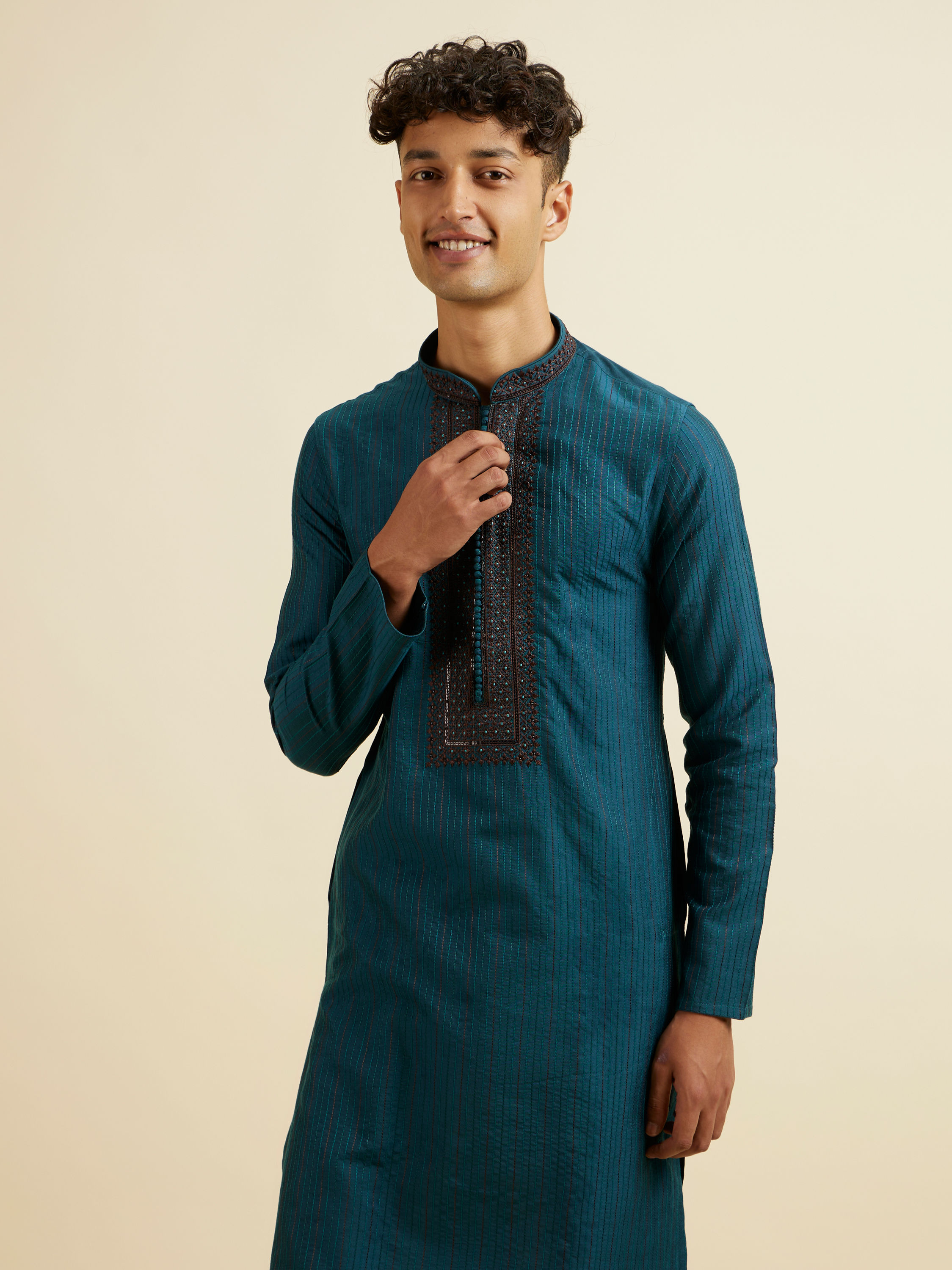 Manyavar Men Teal Blue Striped Kurta Set
