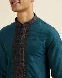 Manyavar Men Teal Blue Striped Kurta Set