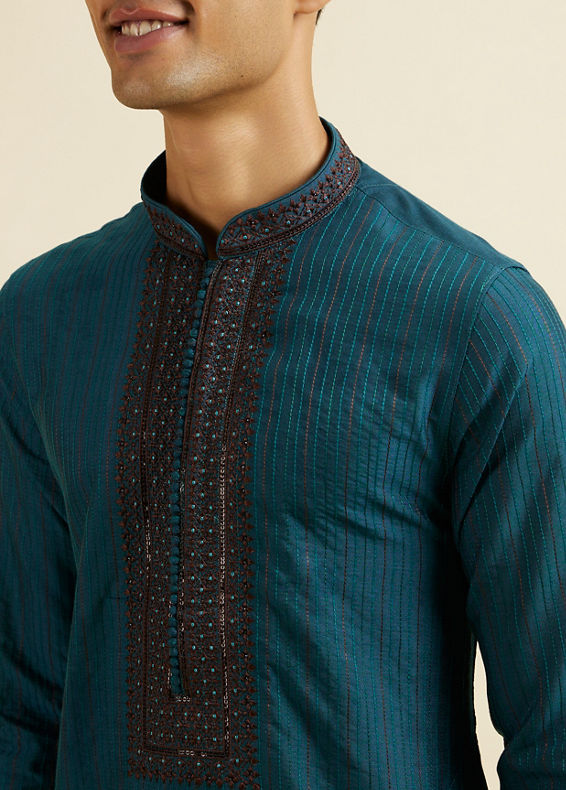 Manyavar Men Teal Blue Striped Kurta Set