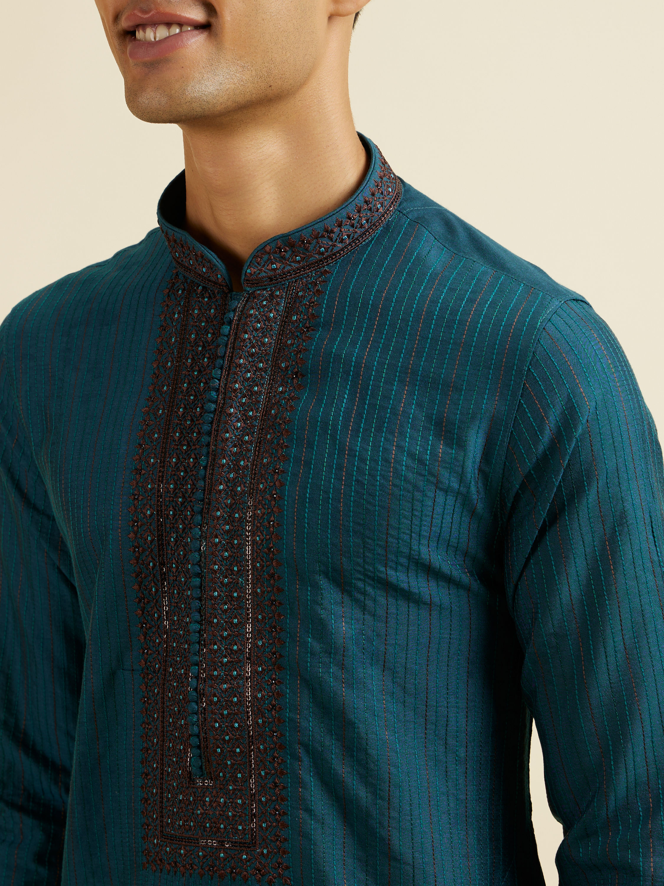 Manyavar Men Teal Blue Striped Kurta Set