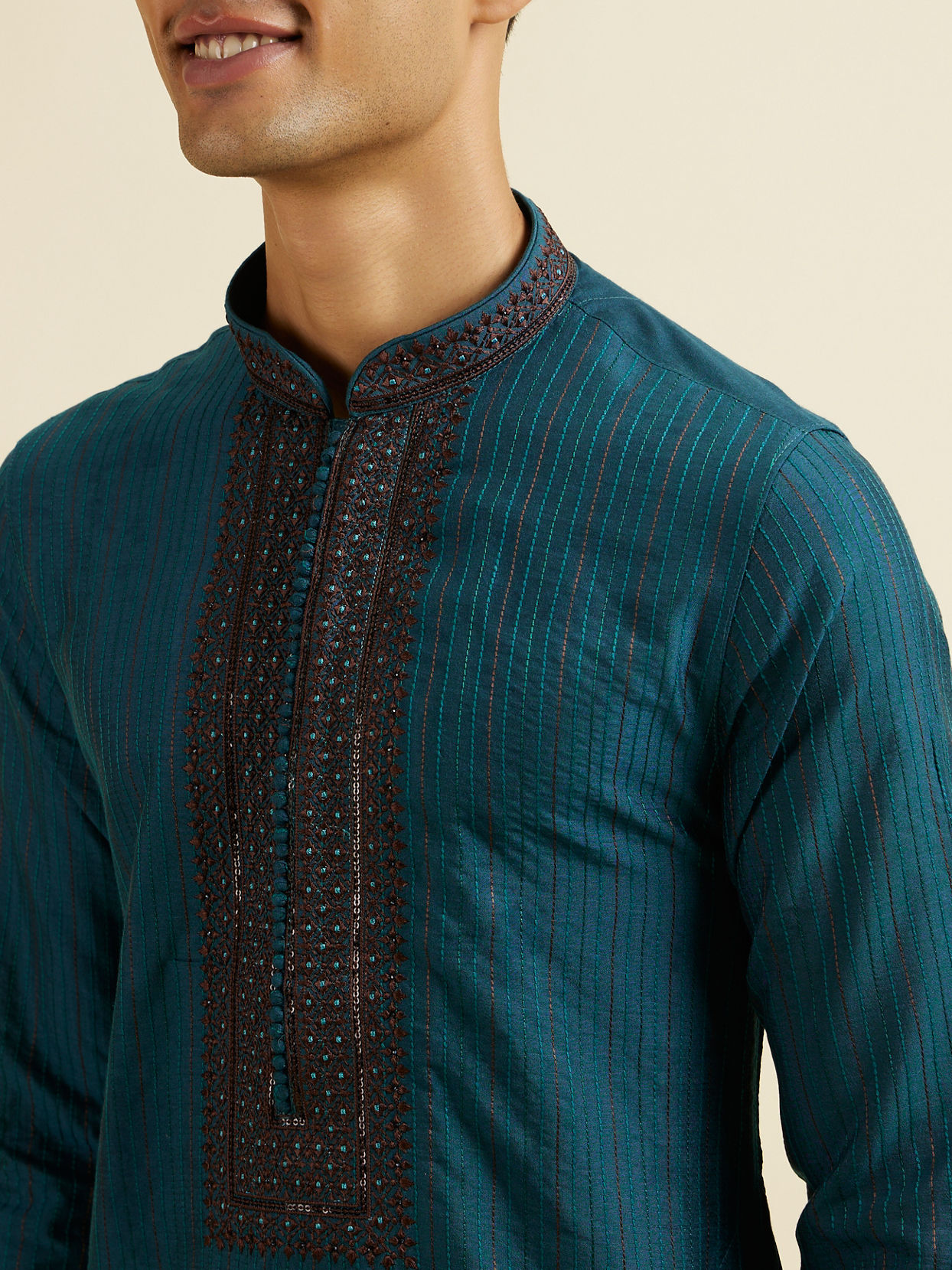Manyavar Men Teal Blue Striped Kurta Set