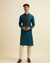 Manyavar Men Teal Blue Striped Kurta Set