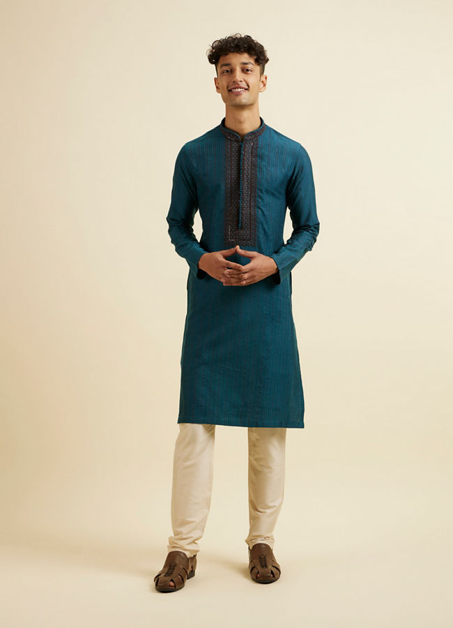 Manyavar Men Teal Blue Striped Kurta Set