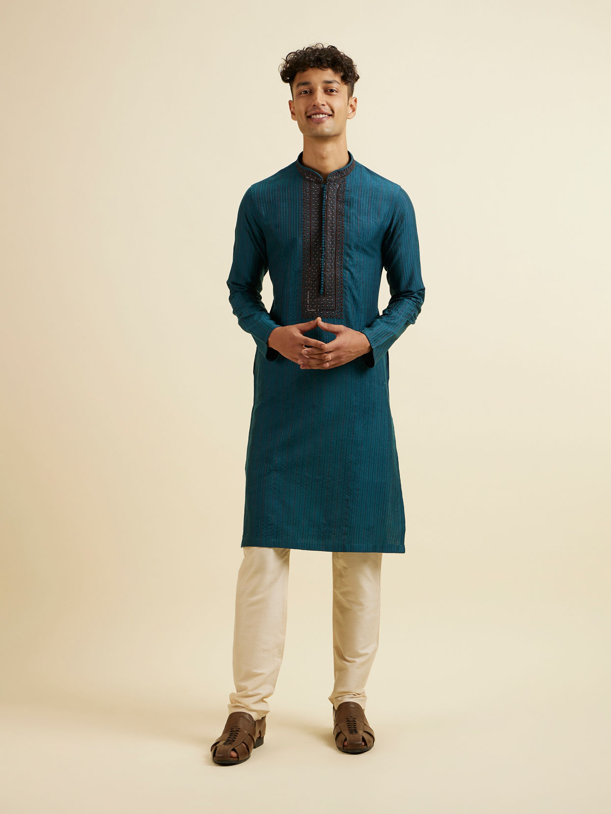 Manyavar Men Teal Blue Striped Kurta Set