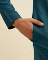 Manyavar Men Teal Blue Striped Kurta Set