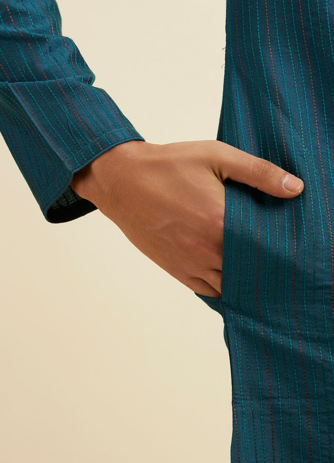 Manyavar Men Teal Blue Striped Kurta Set