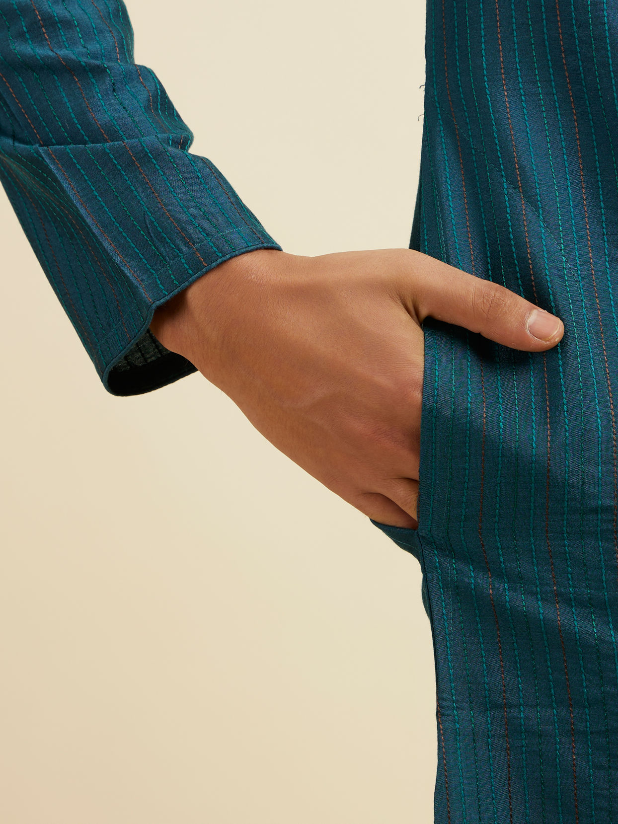 Manyavar Men Teal Blue Striped Kurta Set