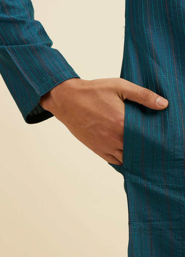 Manyavar Men Teal Blue Striped Kurta Set