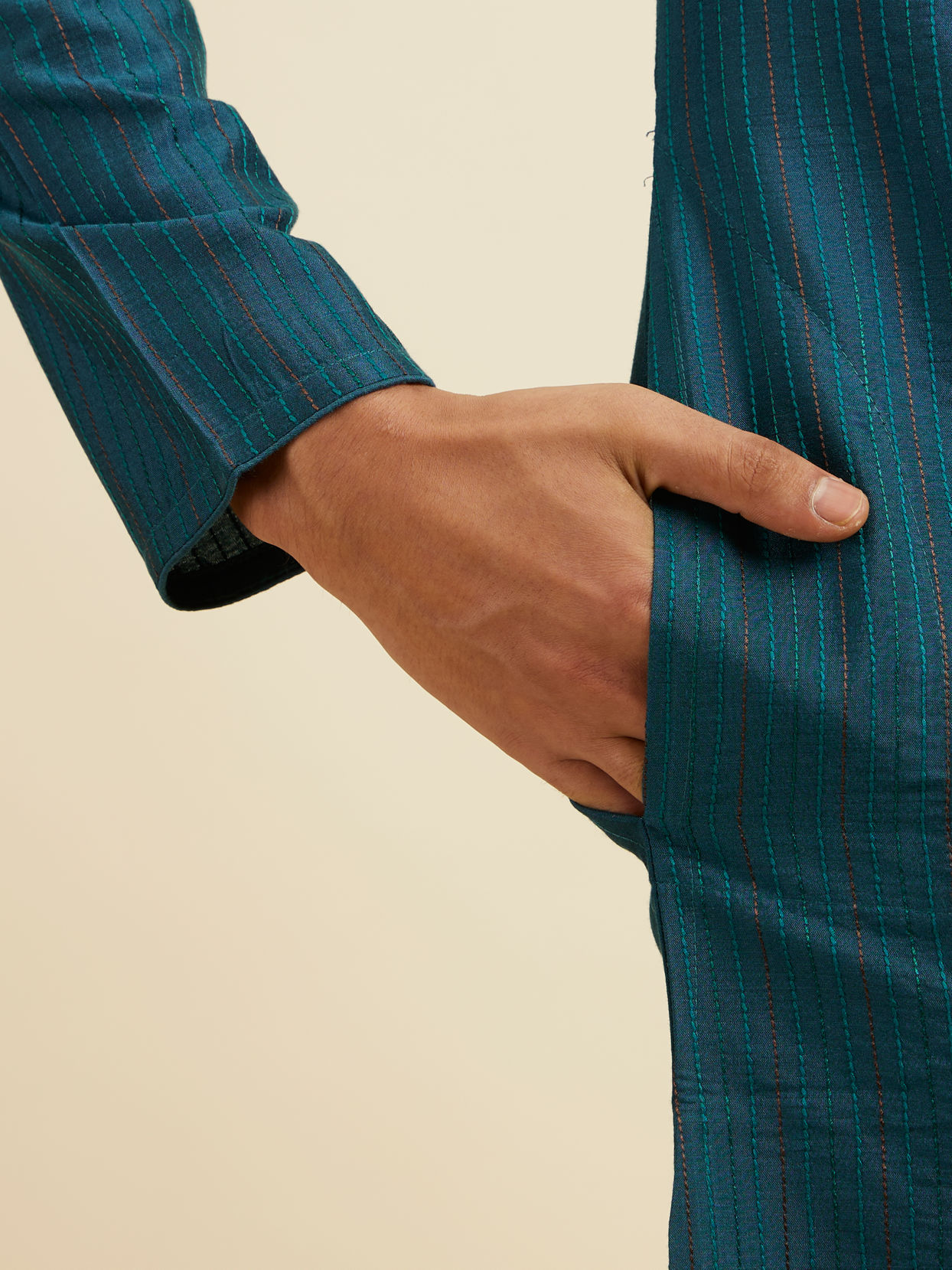 Manyavar Men Teal Blue Striped Kurta Set