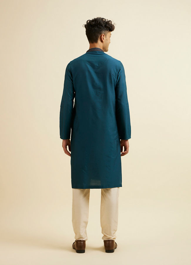 Manyavar Men Teal Blue Striped Kurta Set