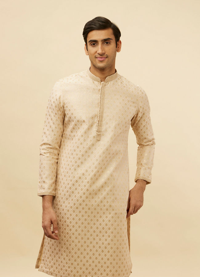 alt message - Manyavar Men Golden Beige Buta Patterned Kurta Set image number 0