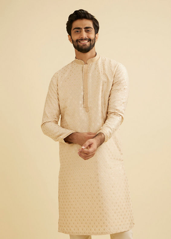 Manyavar Men Golden Beige Buta Patterned Kurta Set