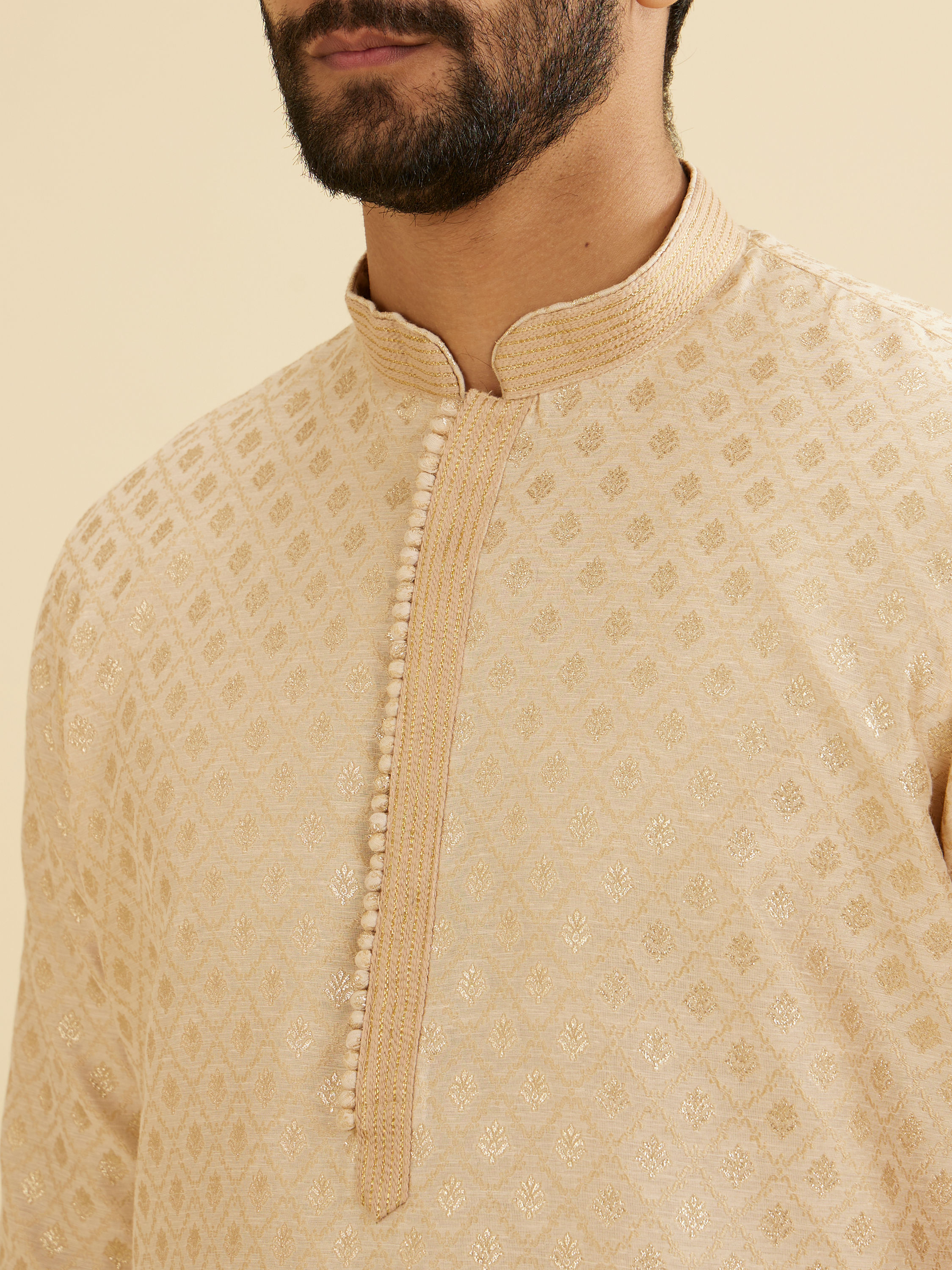 Manyavar Men Golden Beige Buta Patterned Kurta Set