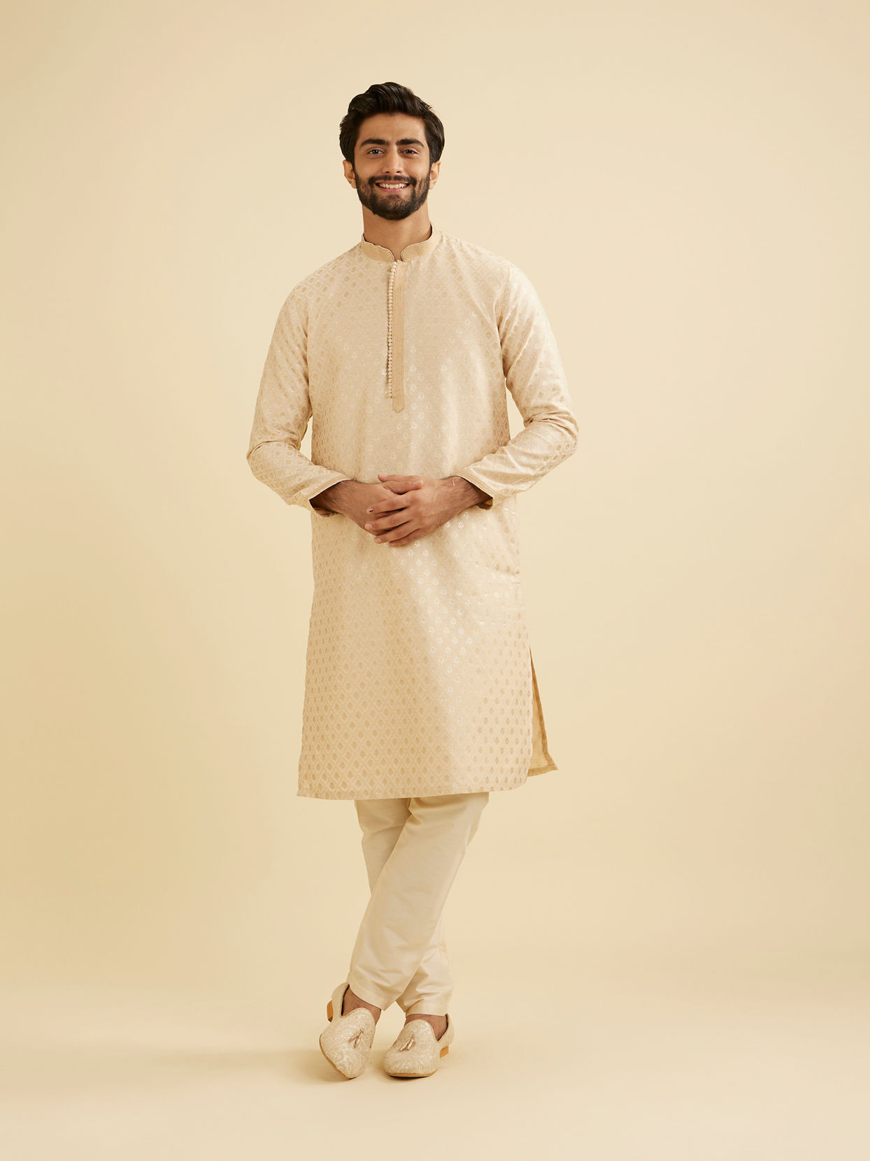 Manyavar Men Golden Beige Buta Patterned Kurta Set