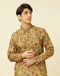 Manyavar Men Melon Orange Floral Printed Kurta Set