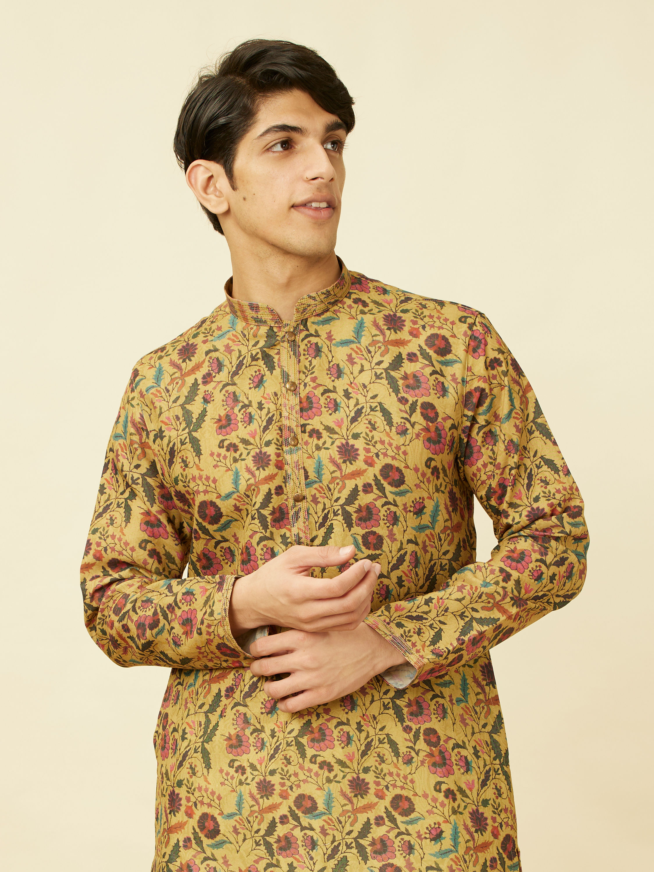 Manyavar Men Melon Orange Floral Printed Kurta Set