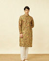 alt message - Manyavar Men Melon Orange Floral Printed Kurta Set image number 2