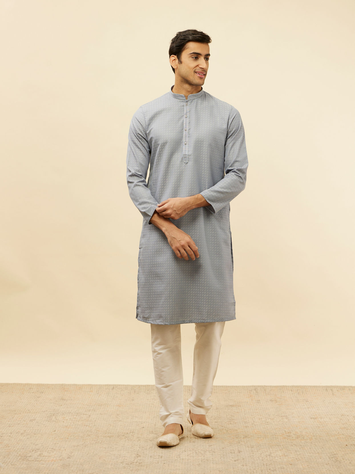 Manyavar Men Soft Blue Self Patterned Kurta Set