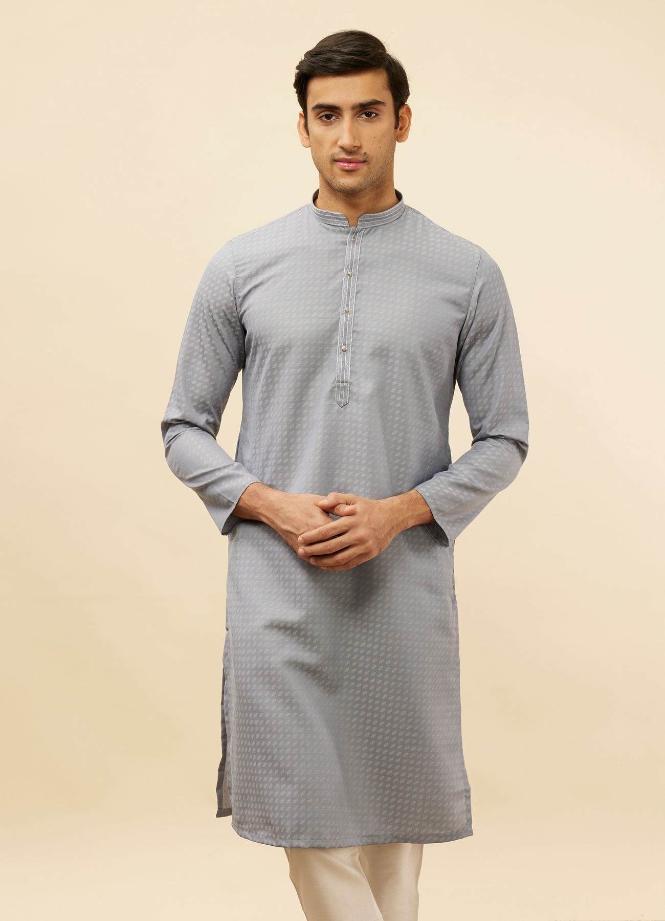 Manyavar Men Soft Blue Self Patterned Kurta Set