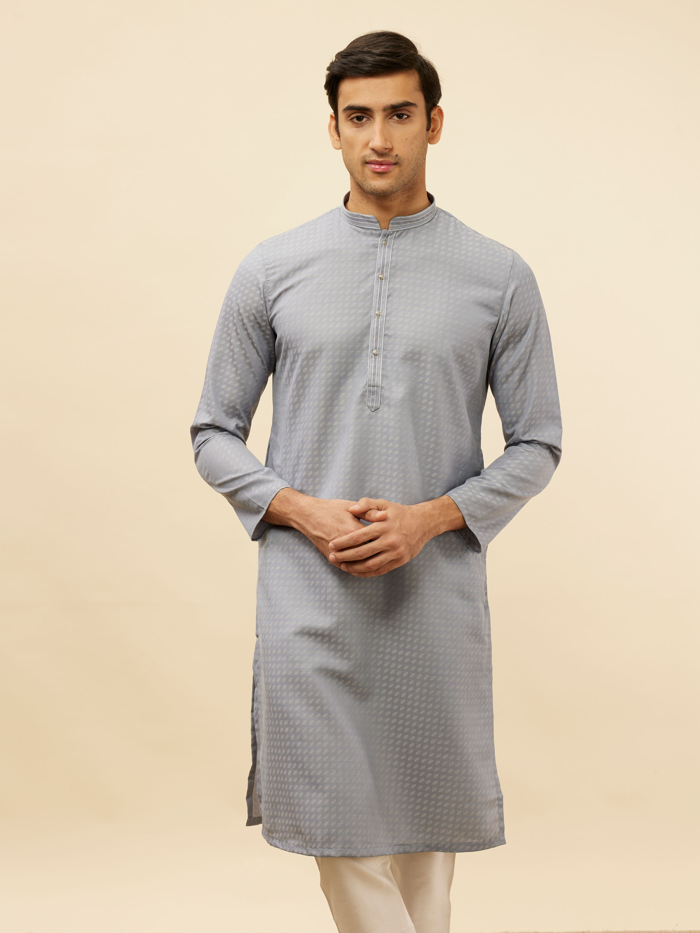 Manyavar Men Soft Blue Self Patterned Kurta Set