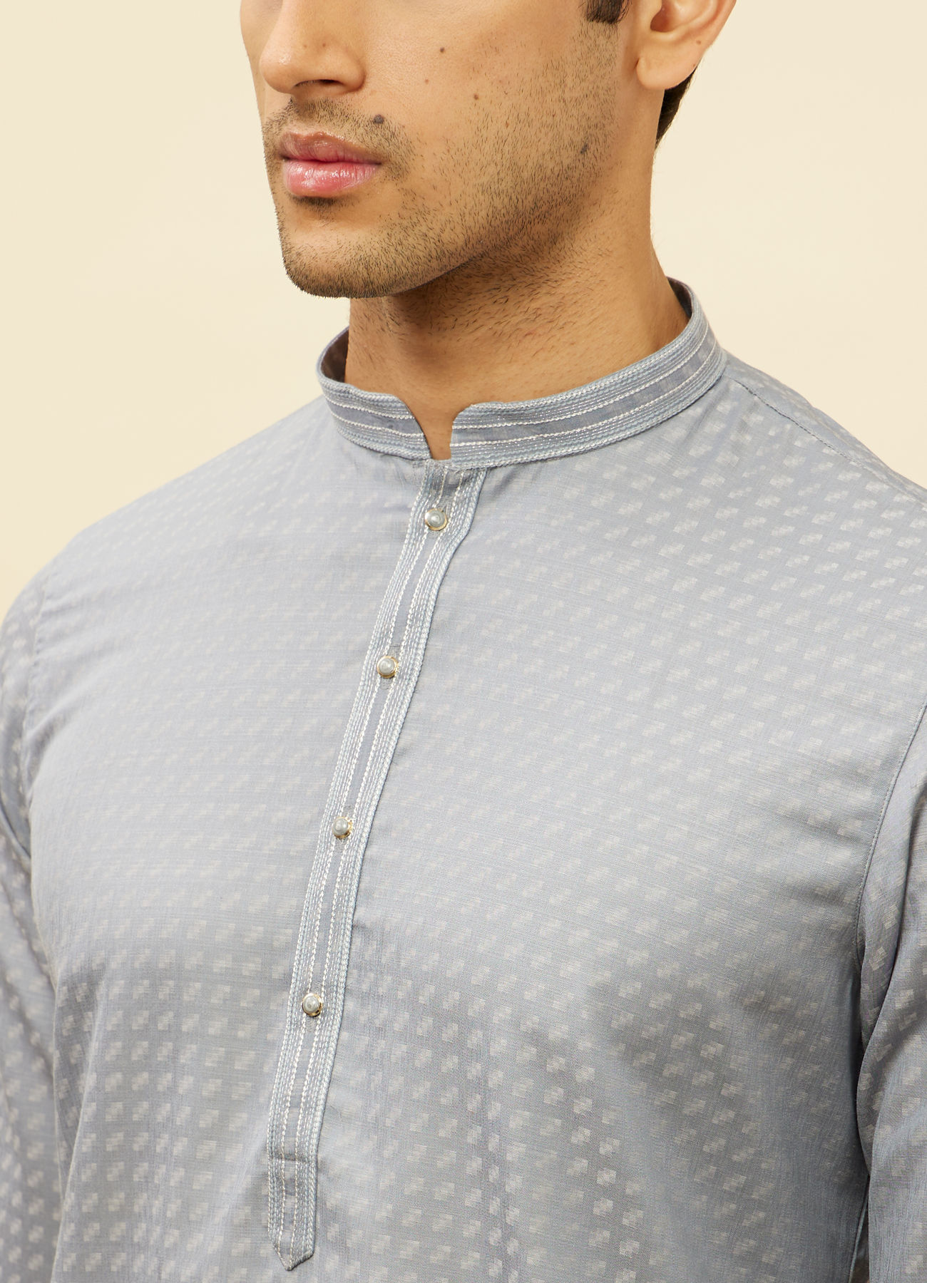 Manyavar Men Soft Blue Self Patterned Kurta Set