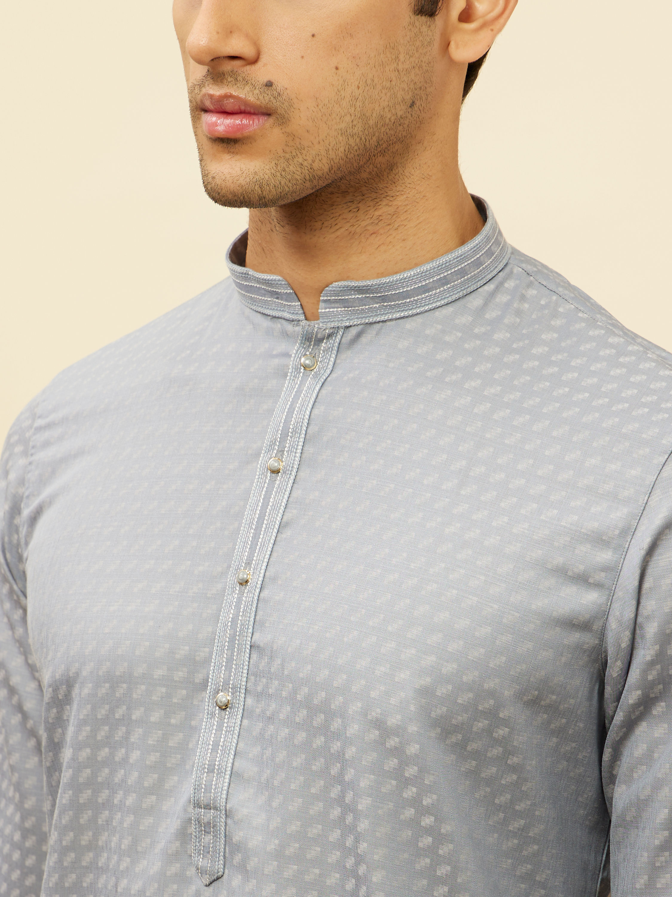Manyavar Men Soft Blue Self Patterned Kurta Set