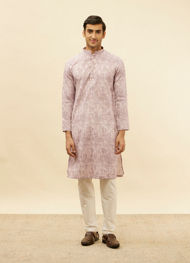 Manyavar Men Lavender Rose Pink Jaal and Floral Print Kurta Set