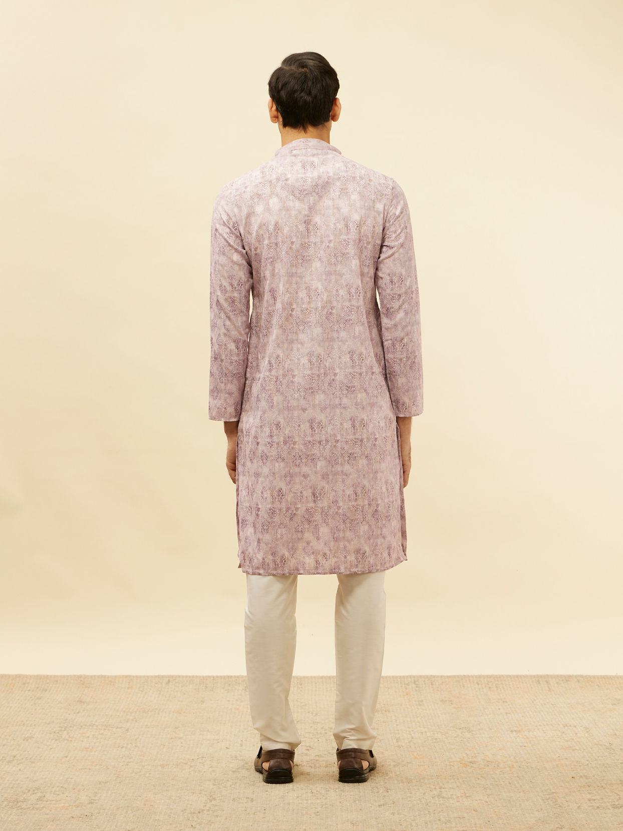 Manyavar Men Lavender Rose Pink Jaal and Floral Print Kurta Set