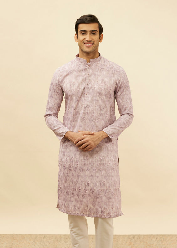 Manyavar Men Lavender Rose Pink Jaal and Floral Print Kurta Set