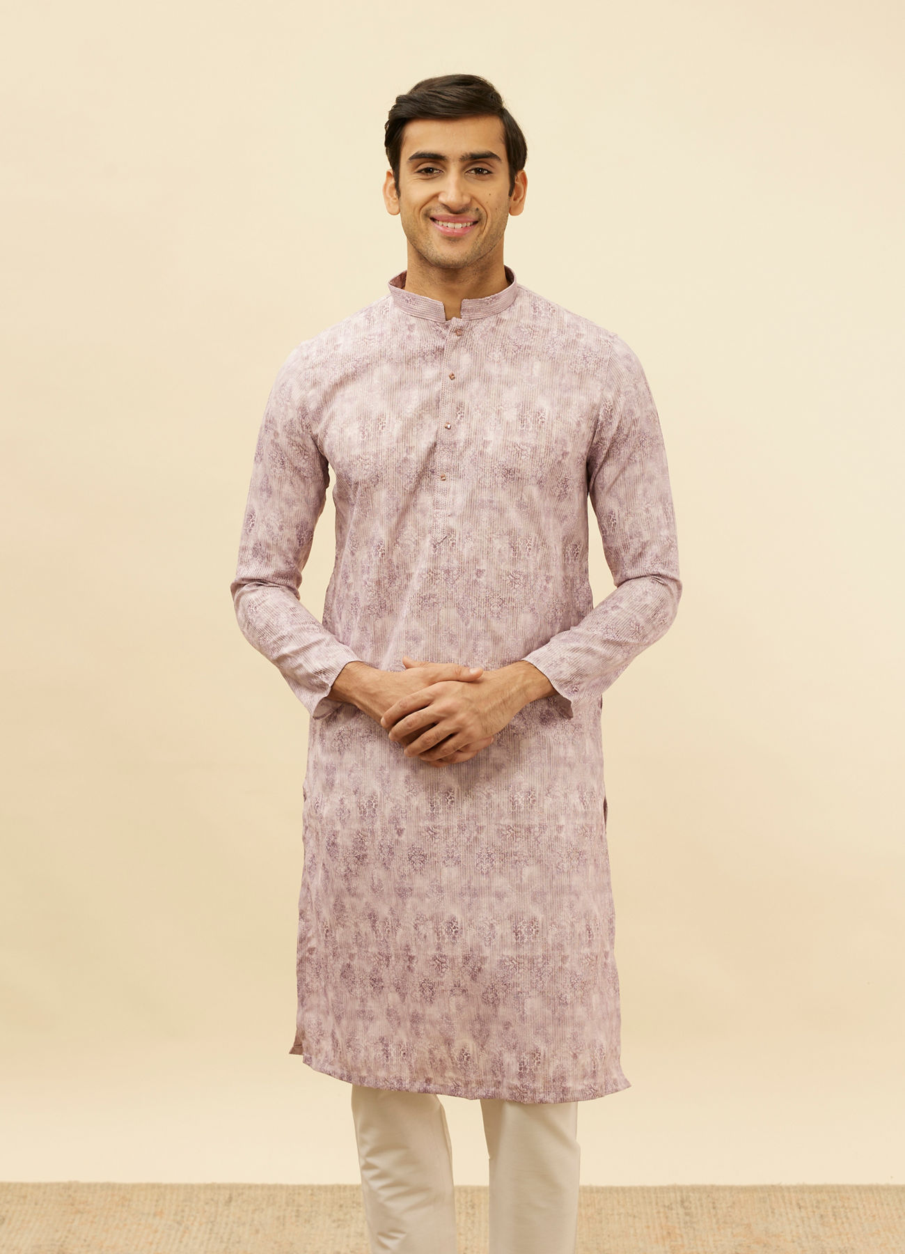 Manyavar Men Lavender Rose Pink Jaal and Floral Print Kurta Set