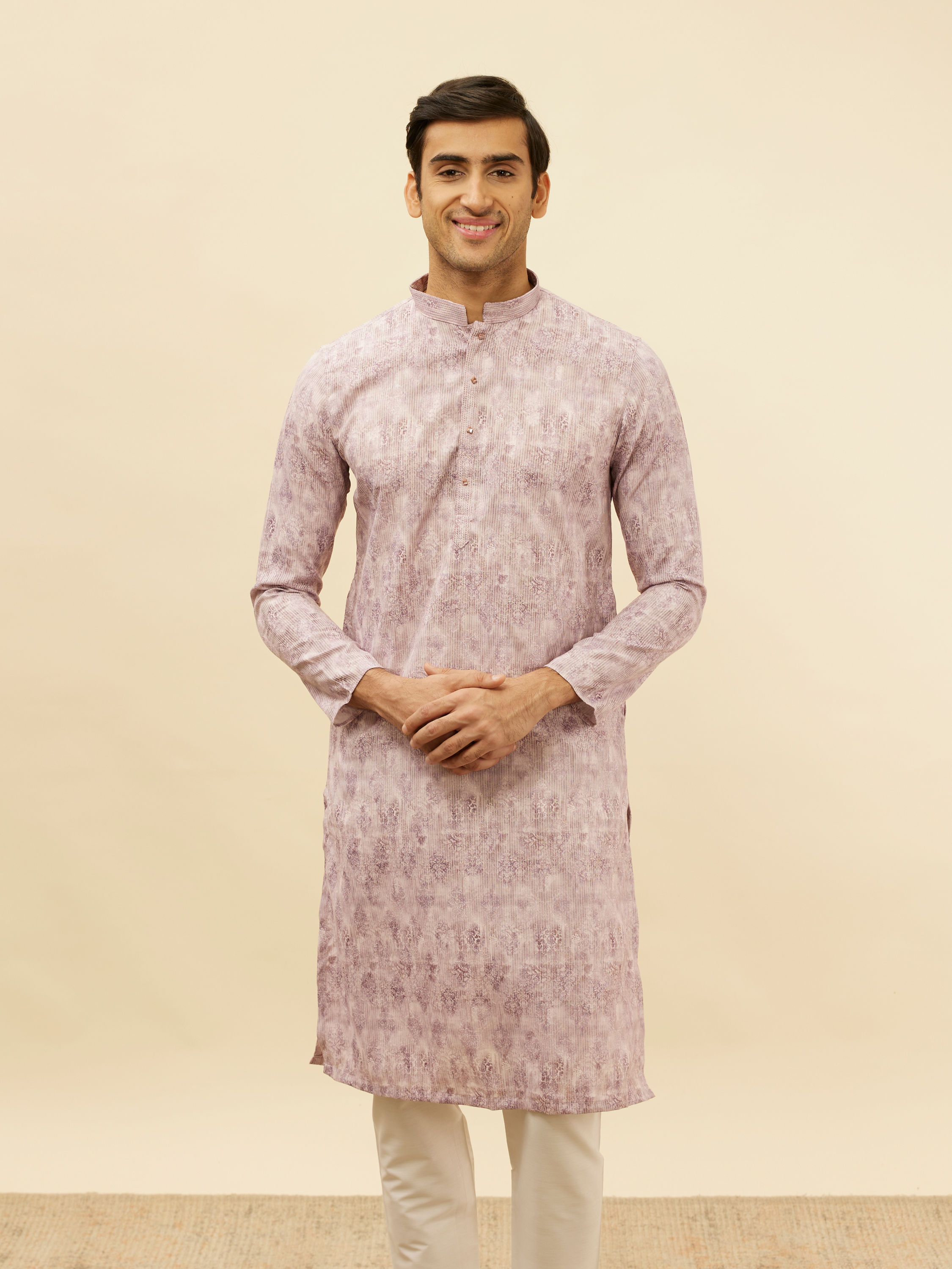 Manyavar Men Lavender Rose Pink Jaal and Floral Print Kurta Set