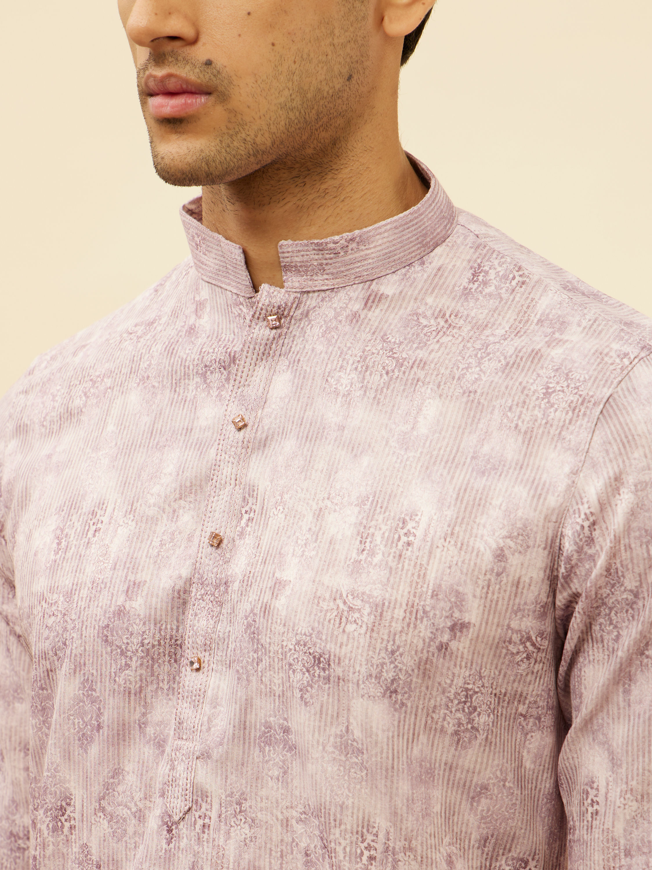 Manyavar Men Lavender Rose Pink Jaal and Floral Print Kurta Set