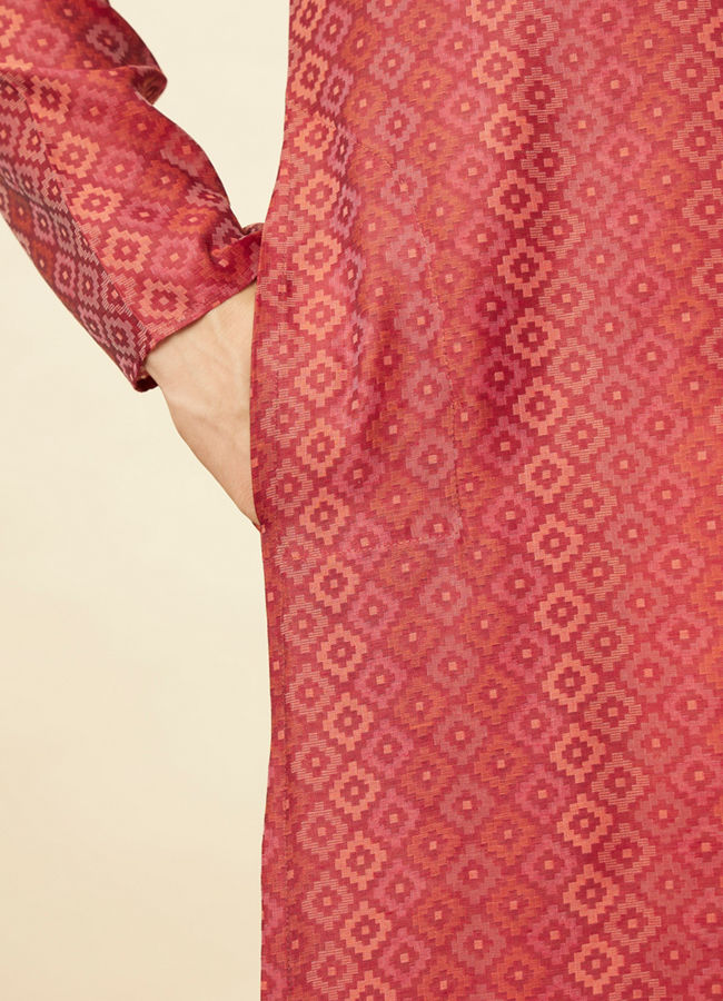 Manyavar Men Coral Red Diamond Printed Kurta Set