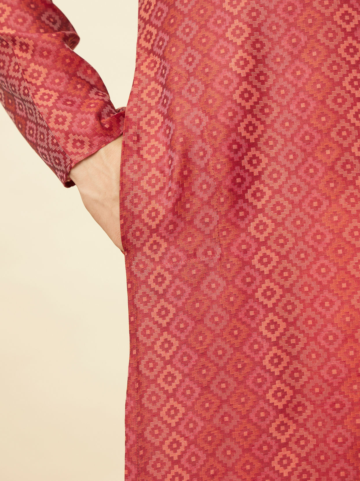 Manyavar Men Coral Red Diamond Printed Kurta Set