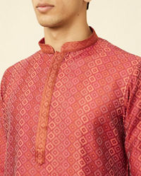 Manyavar Men Coral Red Diamond Printed Kurta Set