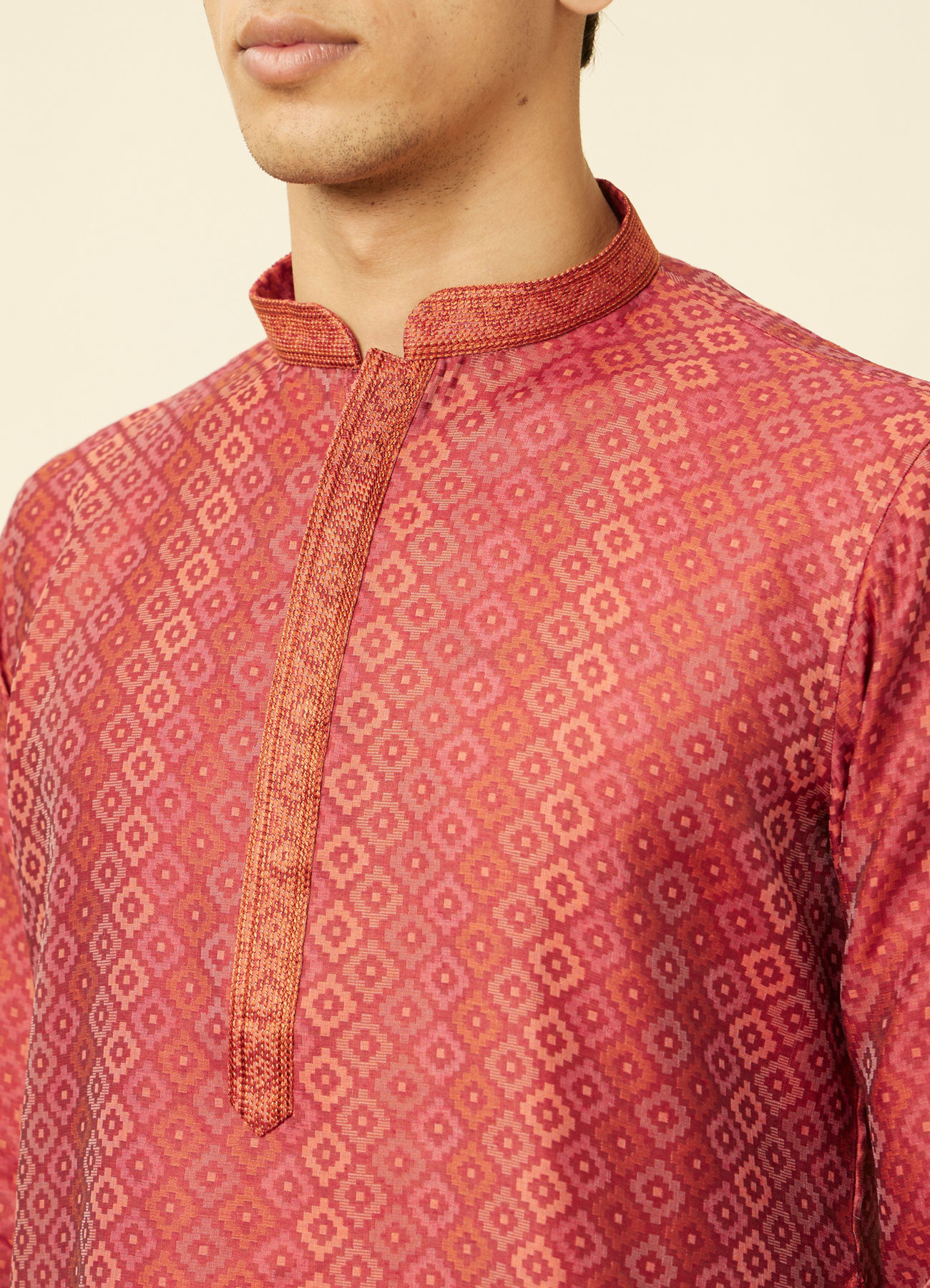 Manyavar Men Coral Red Diamond Printed Kurta Set